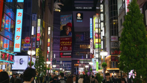 Video - Tokyo, Japan - April 12, 2025: View of the vibrant life of Shinjuku City with people moving on the streets with lighted buildings in the evening. Translation: "Company names"
