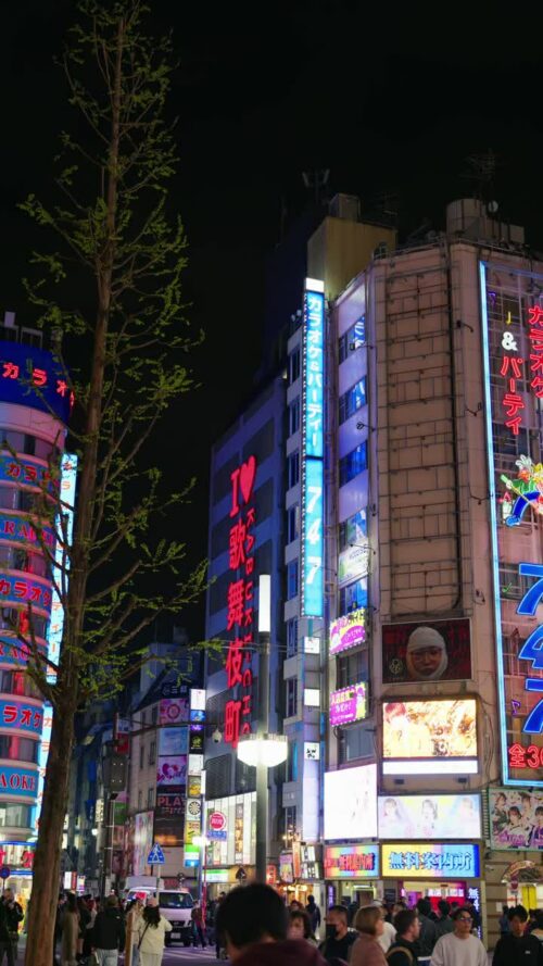 Video – Tokyo, Japan – April 12, 2025: View of the vibrant life of Shinjuku City with people moving on the streets with lighted buildings in the evening. Translation: “Company names”. Vertical - Starpik Stock