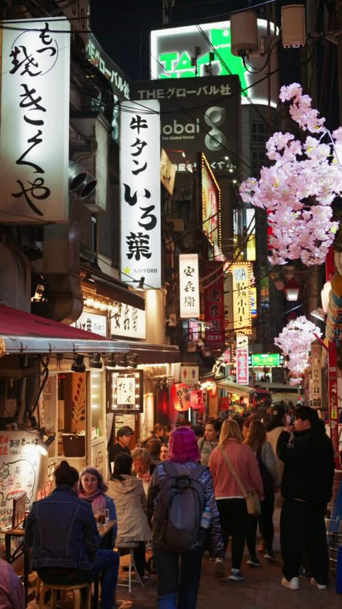 Video – Tokyo, Japan – April 12, 2025: View of the vibrant life of Shinjuku City with people moving on the streets with lighted buildings in the evening. Translation: “Company names”. Vertical - Starpik Stock