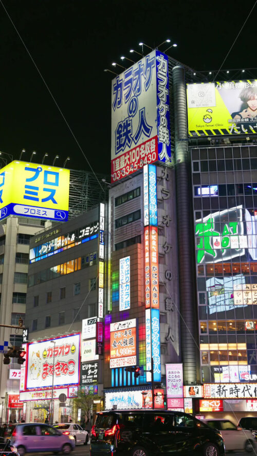 Video - Tokyo, Japan - April 12, 2025: View of the vibrant life of Shinjuku City with people moving on the streets with lighted buildings in the evening. Translation: "Company names". Vertical