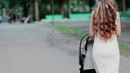 View from the back of a woman with long wavy hair pushing a stroller along a tree-lined park pathway - Starpik Stock