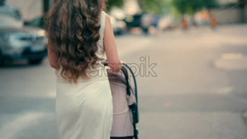 View from the back of a woman with long wavy hair pushing a stroller along a tree-lined park pathway - Starpik Stock