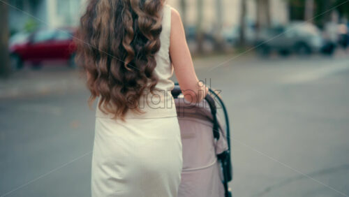 View from the back of a woman with long wavy hair pushing a stroller along a tree-lined park pathway - Starpik Stock