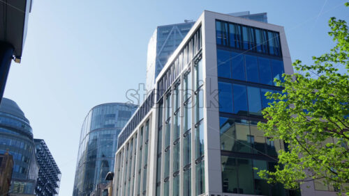 View of modern glass office buildings in London, England with sunlight reflecting off windows and tree branches - Starpik Stock