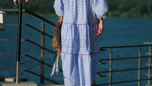 Woman in a blue gingham dress holding wide hat walking on a scenic terrace with a view of a calm body of water - Starpik Stock