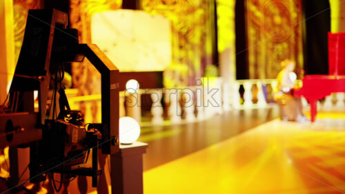 Video - Chisinau, Moldova - March 29, 2024: Professional camera filming with on the backstage of a TV set