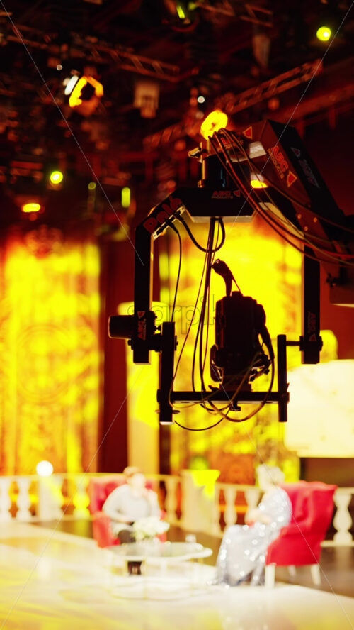 Video - Chisinau, Moldova - March 29, 2024: Professional camera filming with on the backstage of a TV set