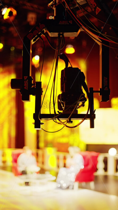Video - Chisinau, Moldova - March 29, 2024: Professional camera filming with on the backstage of a TV set