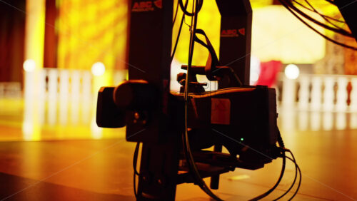 Video - Chisinau, Moldova - March 29, 2024: Professional camera filming with on the backstage of a TV set