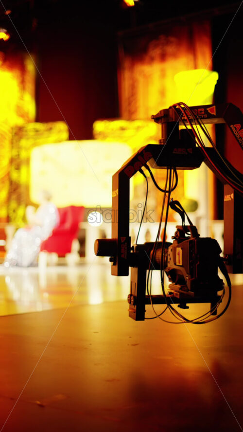 Video - Chisinau, Moldova - March 29, 2024: Professional camera filming with on the backstage of a TV set