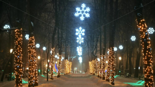 Video - Christmas decorations in the central park during snowfall. Winter evening in Chisinau, Moldova