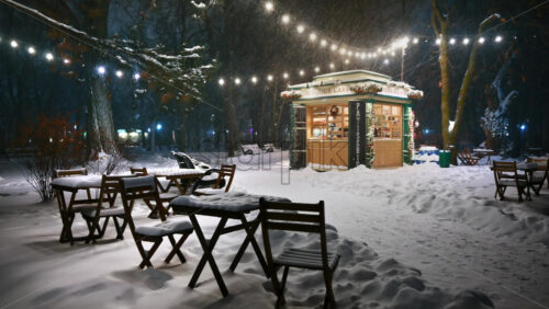 Video - Chisinau, Moldova - January 09, 2024: Illuminated Bonjour coffee shop with Christmas decorations in the central park during snowfall. Winter evening