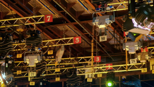 Video - Flashing studio lights equipment on the ceiling of a TV set