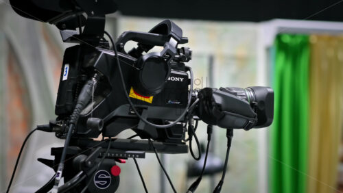 Video - Chisinau, Moldova - January 16, 2024: Professional television camera Sony with the Exmor technology in a filming studio. Video production backstage