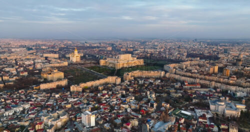 Video - Aerial drone view of Palace of the Parliament in Bucharest downtown at sunset. Romania