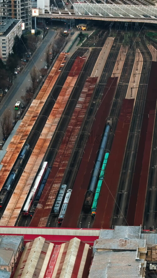 Video - Bucharest, Romania - March 03, 2024: Vertical aerial drone view of Basarab overpass and train station in the center of the city