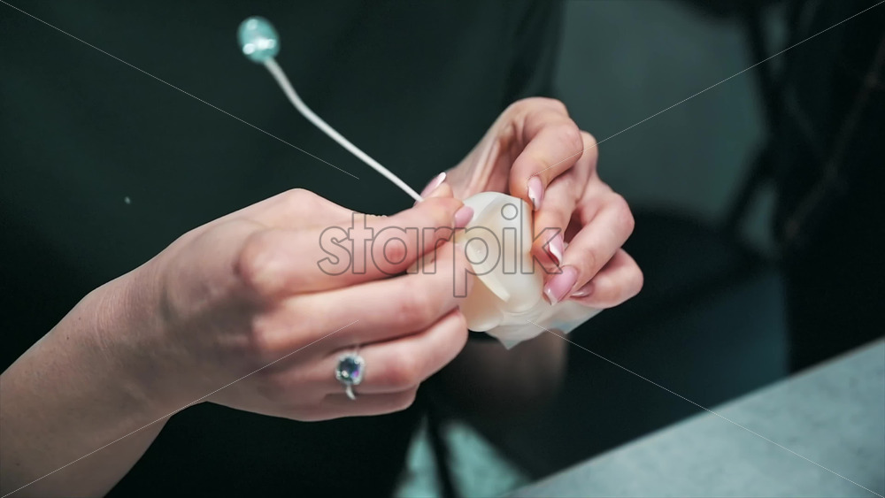 Video - A woman occupied with hand made candles production, preparing a mold for wax. Slow motion