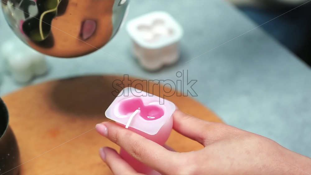 Video - A woman occupied with hand made candles production, pouring melted wax into the mold. Slow motion