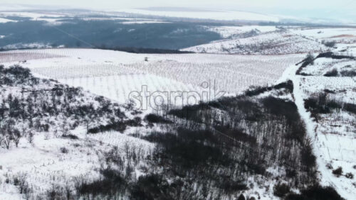 Video - Aerial drone view of the Old Orhei covered in snow. Fields during winter in Moldova