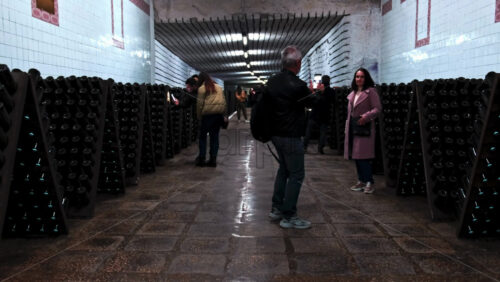 Video - CRICOVA, MOLDOVA - APRIL 6, 2021: Guided tour of the winery's wine cellars. Walking people making shots