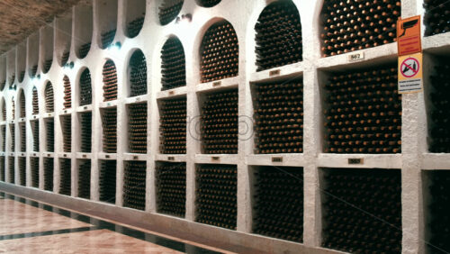 Video - CRICOVA, MOLDOVA - APRIL 6, 2021: Racks with bottles of wine in storage at the winery