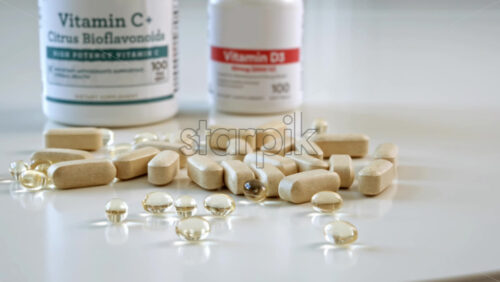 Video - A lot of vitamin pills lying on the table near two bottles. Healthy lifestyle idea