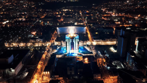 Video - Aerial drone hyperlapse timelapse of Presidency building and Parliament at night. Glowing lights