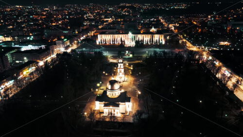 Video - Aerial drone hyperlapse timelapse of Chisinau city landmarks. Arch of Triumph, The Cathedral of Christ's Nativity, Government House building. Moldova