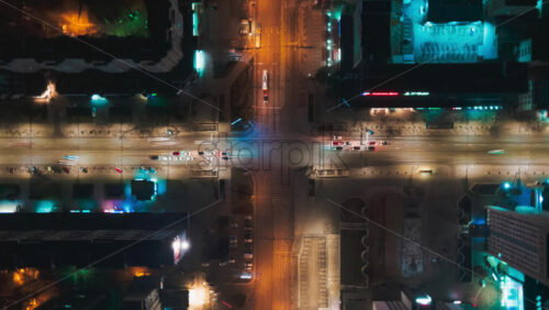 Video - Aerial drone hyperlapse timelapse of moving cars in the city at night. Busy intersection. Top down viewChisinau, Moldova
