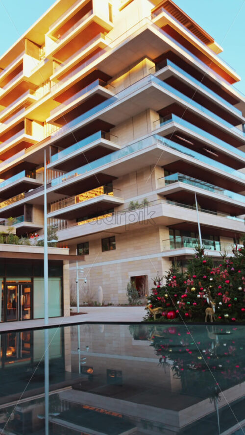Video - Building in Mareterra new Residential district in Monaco decorated for Christmas. Vertical
