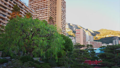 Video - Princess Grace Japanese Garden City park in Monaco with the skyline of the city on the background