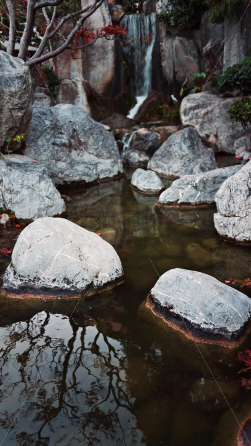 Video - View of the a small waterfall in the Japanese Gardens in Monaco