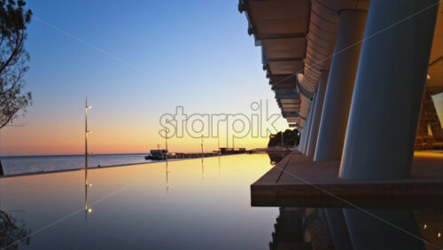 Video - Close up of a building in the Mareterra new Residential district in Monaco in the evening