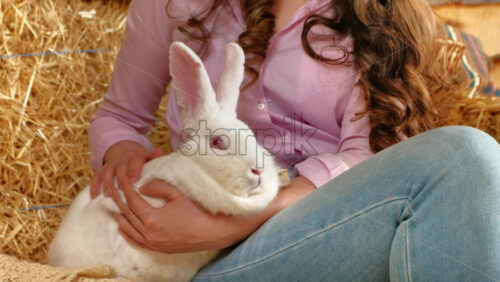 Video - Woman petting a white bunny in the barn near square hay bales, in daylight