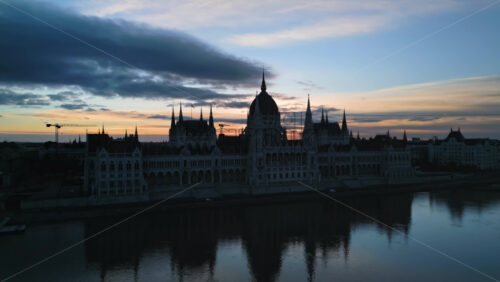 Video - Aerial drone view of Hungarian Parliament building at sunset in Budapest