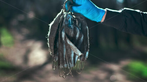 Video - Man in medical gloves holding a bunch of dirty medical masks raised from the ground. Pollution idea