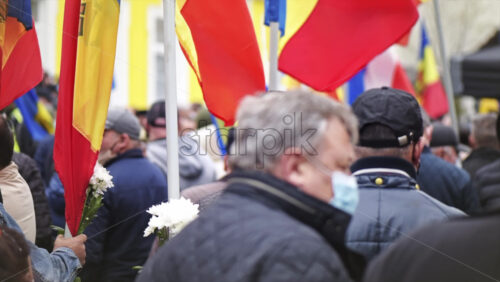 Video - CHISINAU, MOLDOVA - APRIL 28, 2021: Man with flowers. People protesting for snap elections in front of constitutional court building. Slow motion