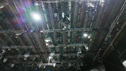 Video - Flashing studio lights equipment on the ceiling of a TV set