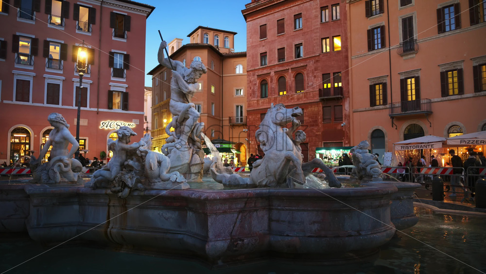 Video - Rome, Italy - February 13, 2024: The Fountain of Neptune located at the northern end of Navona square at sunset