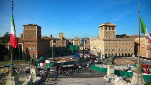 Video - Piazza Venezia, view from Vittoriano Panorama of Rome. Italian flags.