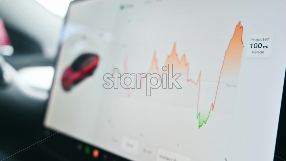 Video - Chisinau, Moldova - January 23, 2024: Male hands analyzing Tesla Model 3 energy consumption graph on the touch screen inside the red electric car. Light theme