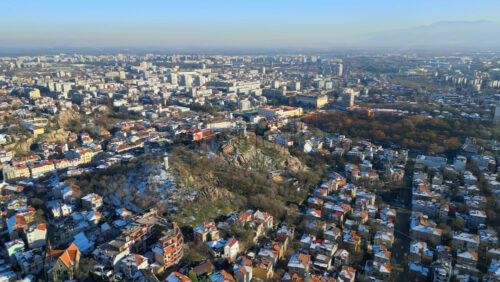 Video - Aerial drone view of the Clock Hill covered in snow in Plovdiv, Bulgaria