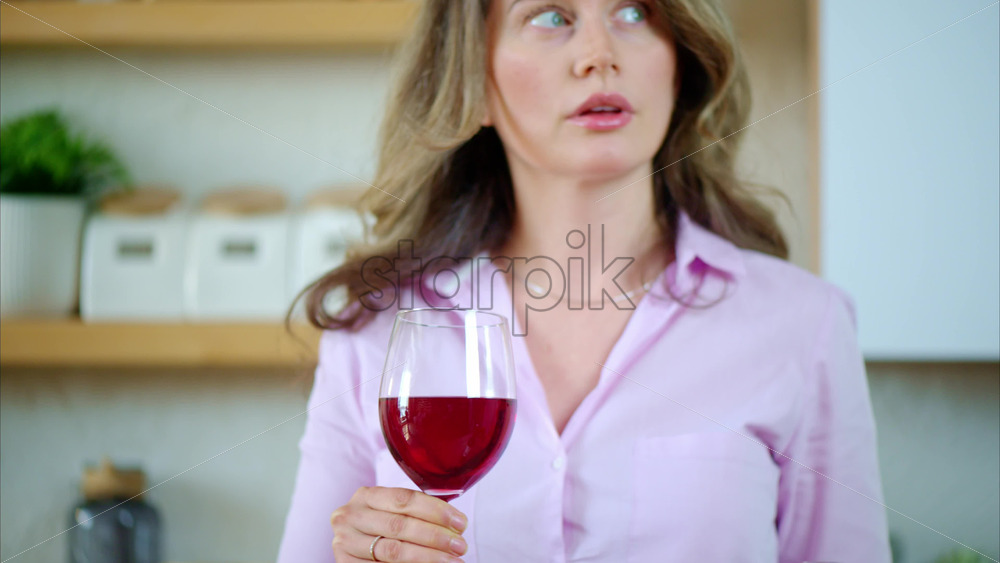 Video - Woman getting a headache while hildong a glass of red wine in the kitchen