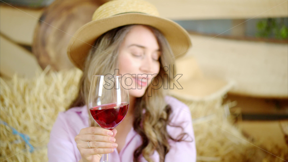 Video - Woman enjoying a glass of red wine in the barn near square hay bales, in daylight