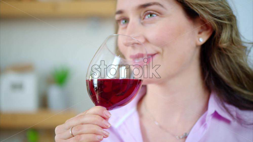 Video - Woman enjoying a glass of red wine in the kitchen