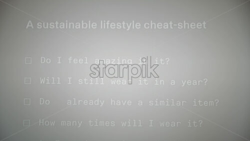 Video - Bucharest, Romania - March 02, 2024: Grey wall with a sustainable lifestyle cheat-sheet written on it