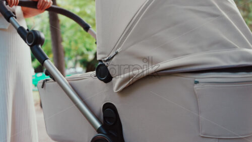 Video - Young woman walking in the park with a baby stroller on a sunny day