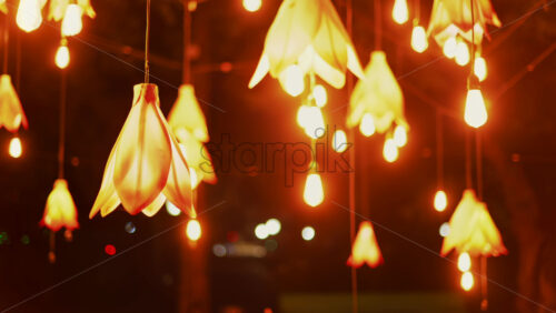 Video - Beautiful flower-shaped lights glowing warmly in the night, creating a dreamy atmosphere