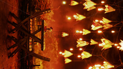 Video - A wooden table with flowers illuminated by soft hanging lights. Vertical