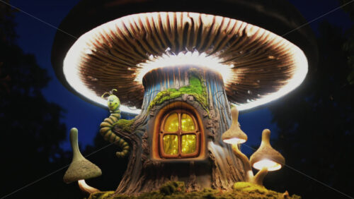 Video - A miniature fantasy tree house with glowing windows, mushrooms, and a smiling caterpillar figure